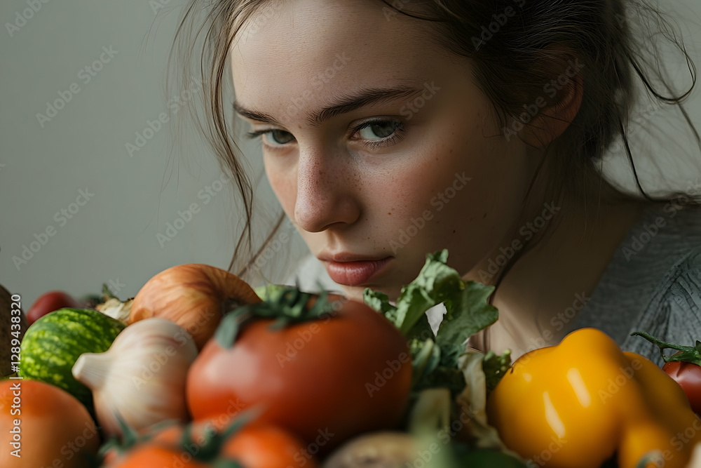 Young woman thoughtfully examines an assortment of freshly picked vegetables Young woman thoughtfully examines an assortment of freshly picked vegetables