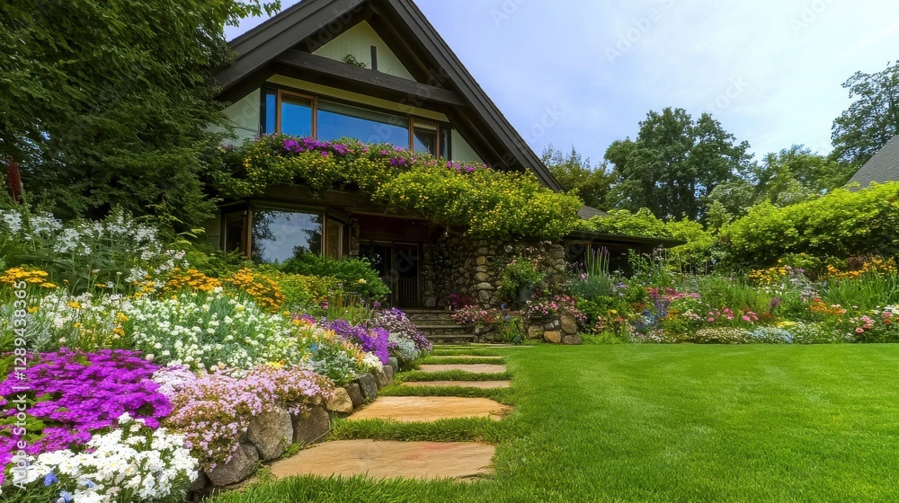 Blooming garden decorating a modern house in summer Blooming garden decorating a modern house in summer