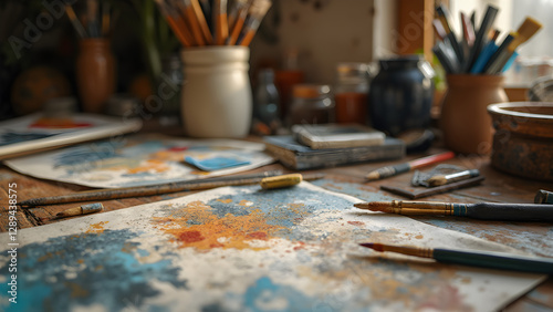 art supplies on an artist's desk. ultra realistic painting tools. creative workspace organization. exploring artist desk aesthetics.