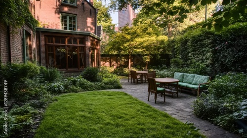 Backyard garden oasis featuring lush greenery and patio furniture