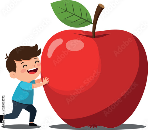 A young boy joyfully hugging a giant red apple in a flat style vector illustration with a cheerful atmosphere and vibrant colors, depicting fun and imagination