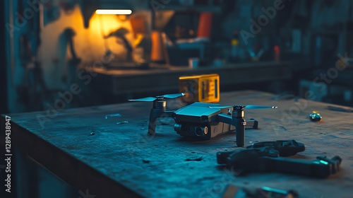 Drone on Workbench Ready for Repair or Maintenance in Garage