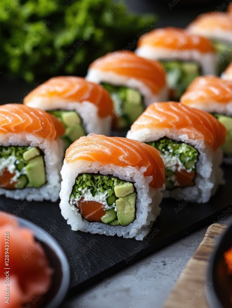 Freshly Prepared Sushi Rolls with Salmon and Avocado on a Black Slate Plate in a Rustic Kitchen Setting Freshly Prepared Sushi Rolls with Salmon and Avocado on a Black Slate Plate in a Rustic Kitchen Setting