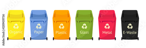 Recycling bins set for waste sorting: glass, organic, paper, metal, plastic and e-waste. Color-coded trash containers. Flat vector illustrations for environmental awareness and waste management.