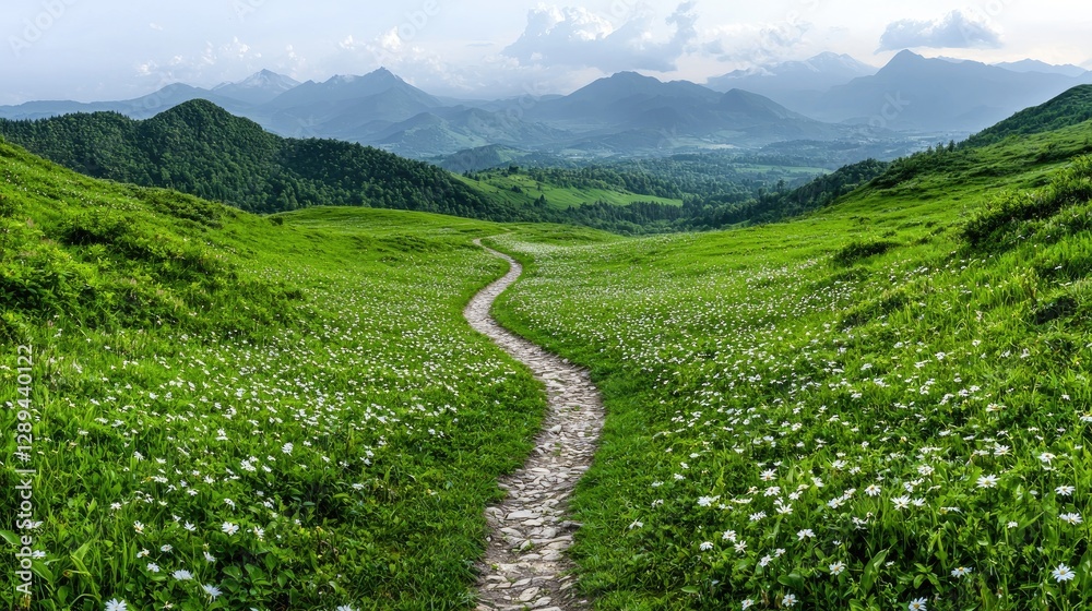 Fototapeta premium Mountain Path Through Blooming Meadow