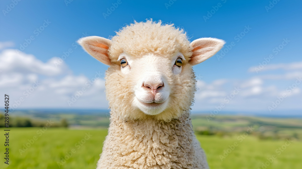 Fototapeta premium Cute lamb, farm pasture, sunny day, rural landscape, stock photo