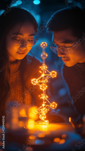 Young couple exploring molecular structures with glowing models during an evening setting