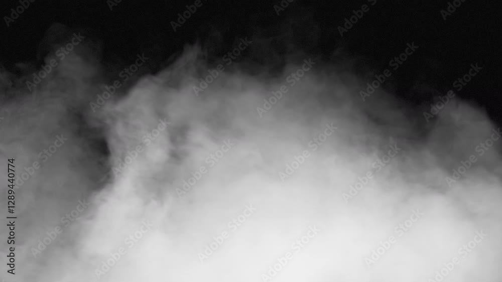 White Smoke Swirls Gracefully. White smoke slowly curls and grows frontally into the frame, filling the entire black screen