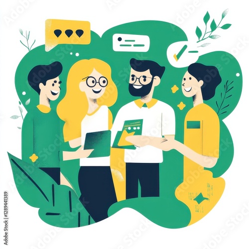 Happy customer sharing positive experience with three people in modern green infographic