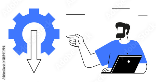 Man points towards a blue gear with downward arrow while working on laptop. Ideal for technology, workflow, engineering, processes, analysis, innovation, planning. Abstract line flat metaphor