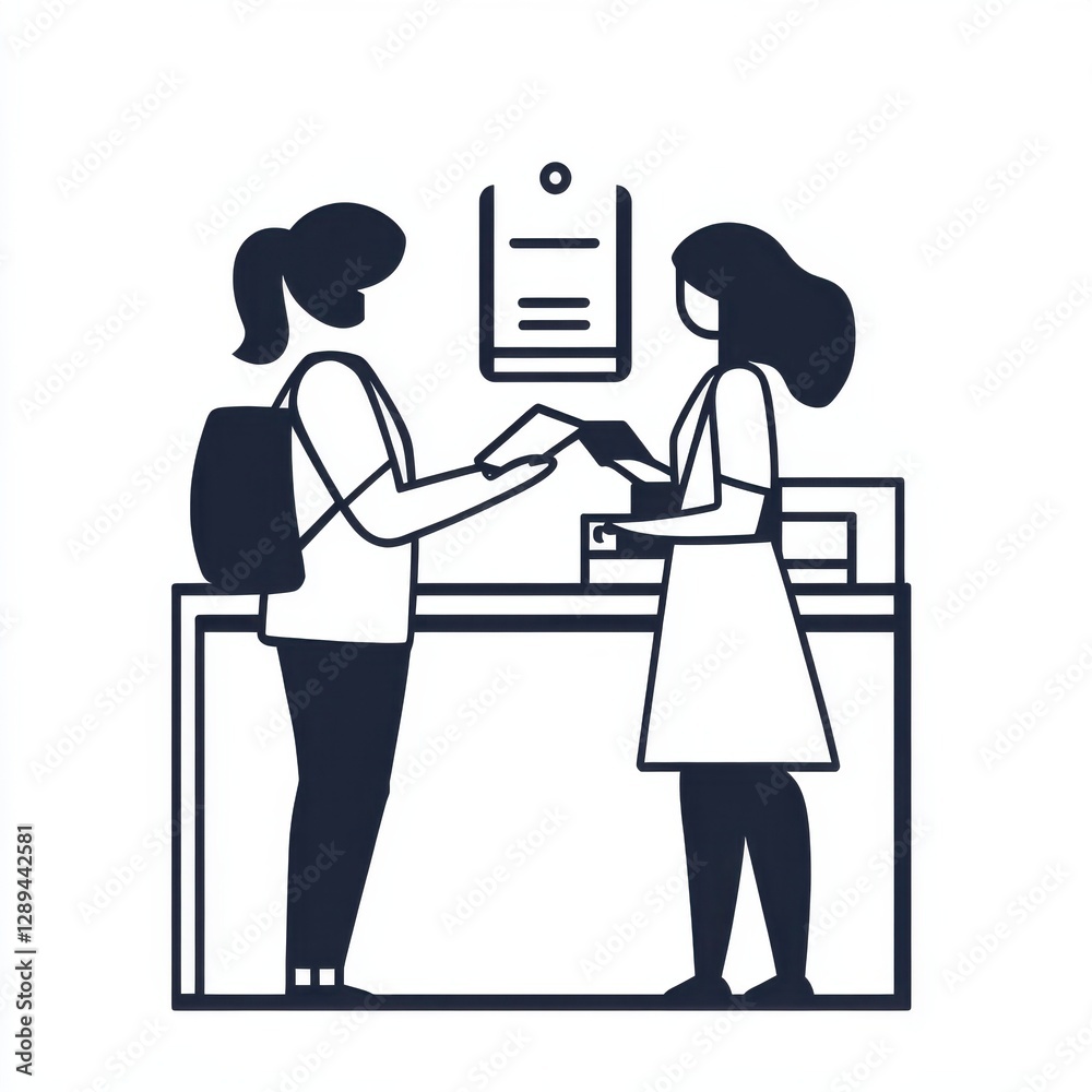 Entrance to Exhibition Woman Confirming Reservation with Staff Entrance to Exhibition Woman Confirming Reservation with Staff