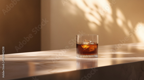 Glass of Dark Rum with Ice Positioned in the Corner of a Well-Lit Table, Offering Ample Space for Text or Visual Elements, Ideal for Marketing and Promotional Use