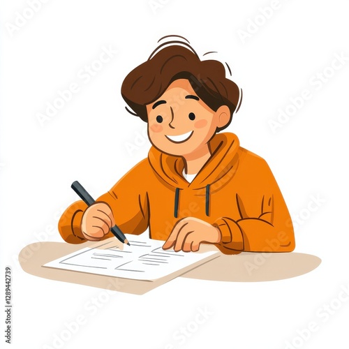 Person in cartoon style doing exam questions on white background