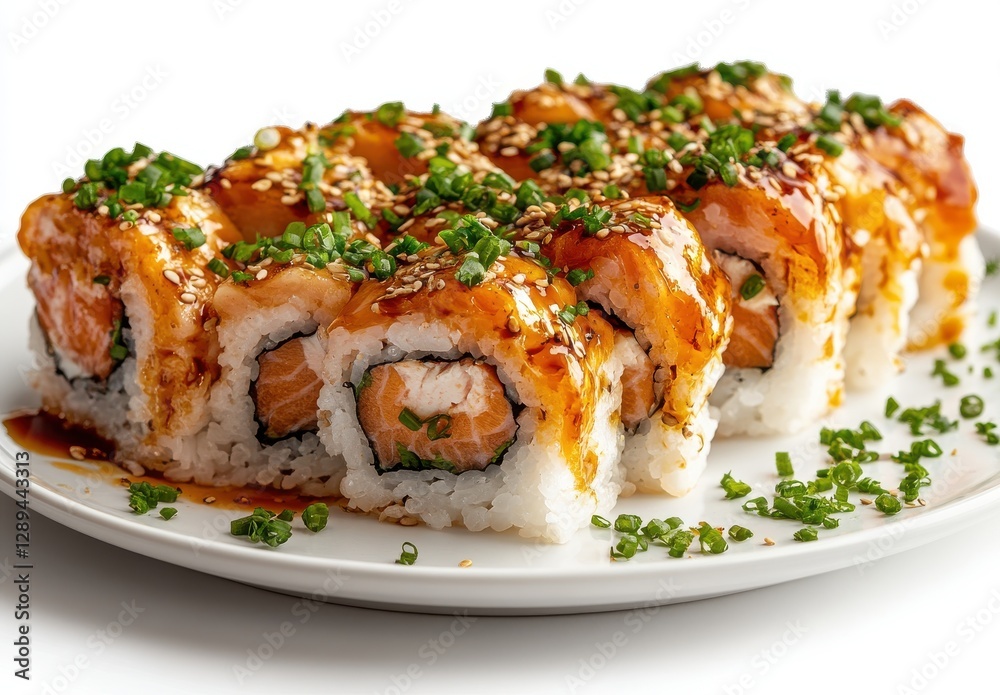 Freshly prepared sushi rolls with salmon, avocado, and sesame seeds on a white plate, showcasing vibrant flavors of Japanese cuisine. Freshly prepared sushi rolls with salmon, avocado, and sesame seeds on a white plate, showcasing vibrant flavors of Japanese cuisine.