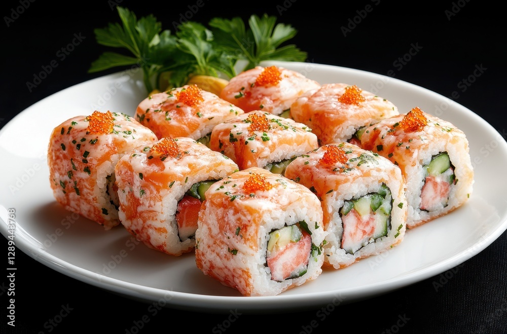 Freshly Prepared Sushi Rolls with Salmon, Crab, Cucumber, and Topped with Orange Fish Roe on White Plate Against Black Background Freshly Prepared Sushi Rolls with Salmon, Crab, Cucumber, and Topped with Orange Fish Roe on White Plate Against Black Background