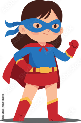 A confident young girl dressed as a superhero in vibrant blue and red costume showcases bravery and determination in this playful flat vector illustration