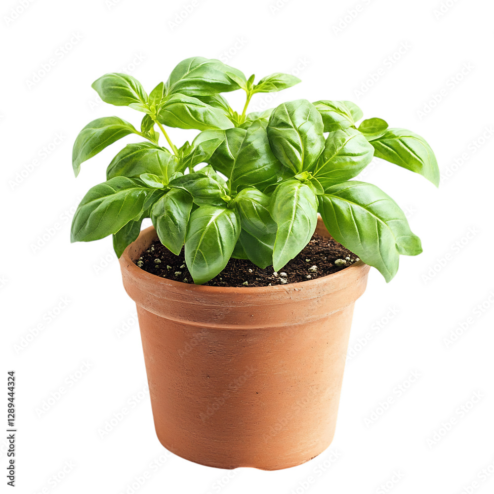 A Small Potted Basil Plant with Fresh Aromatic Leaves Isolated on Transparent Background A Small Potted Basil Plant with Fresh Aromatic Leaves Isolated on Transparent Background