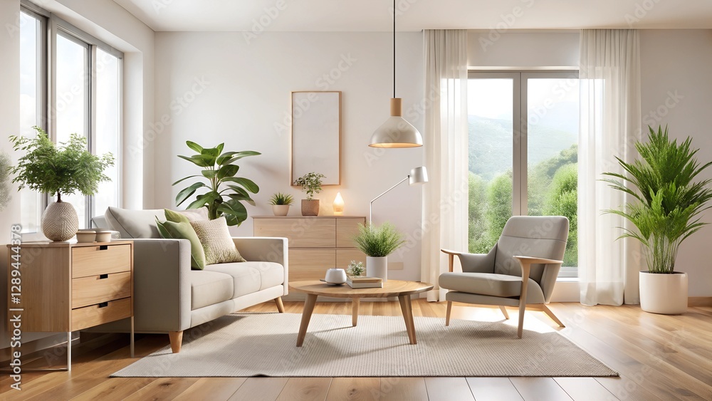 Fototapeta premium Minimalistic Modern Living Room with Light Wood Furniture and Lush Indoor Plants