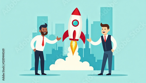 Businessman launching a rocket, symbolizing startup success and innovative ventures, overseen by an enthusiastic employee