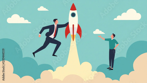 Businessman launching a rocket, symbolizing startup success and innovative ventures, overseen by an enthusiastic employee