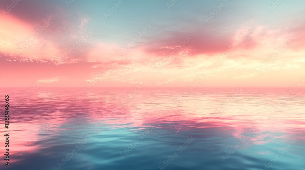 Fototapeta premium A serene ocean scene with colorful sunset and clouds reflecting