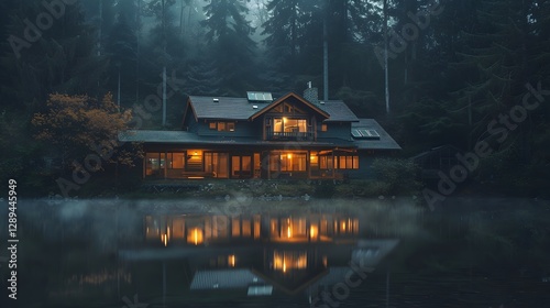 Fototapeta Naklejka Na Ścianę i Meble -  Picturesque lake house retreat nestled in a misty forest landscape at twilight