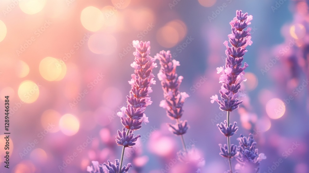 Three lavender flower stems are beautifully illuminated with light and bokeh Three lavender flower stems are beautifully illuminated with light and bokeh