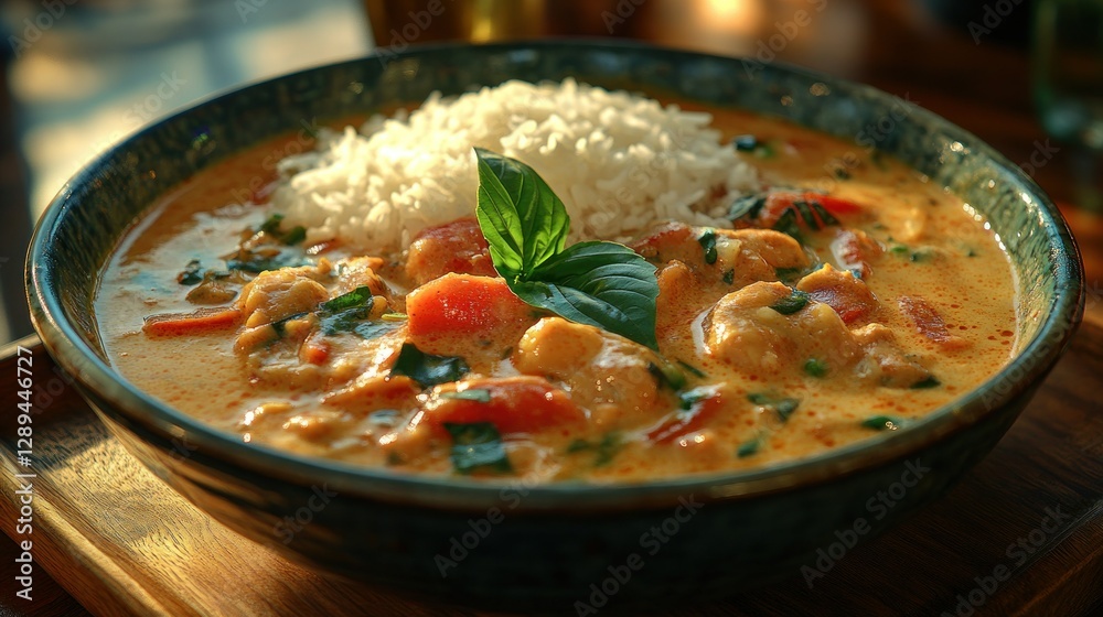 Creamy chicken curry, rice, basil, restaurant, sunset Creamy chicken curry, rice, basil, restaurant, sunset
