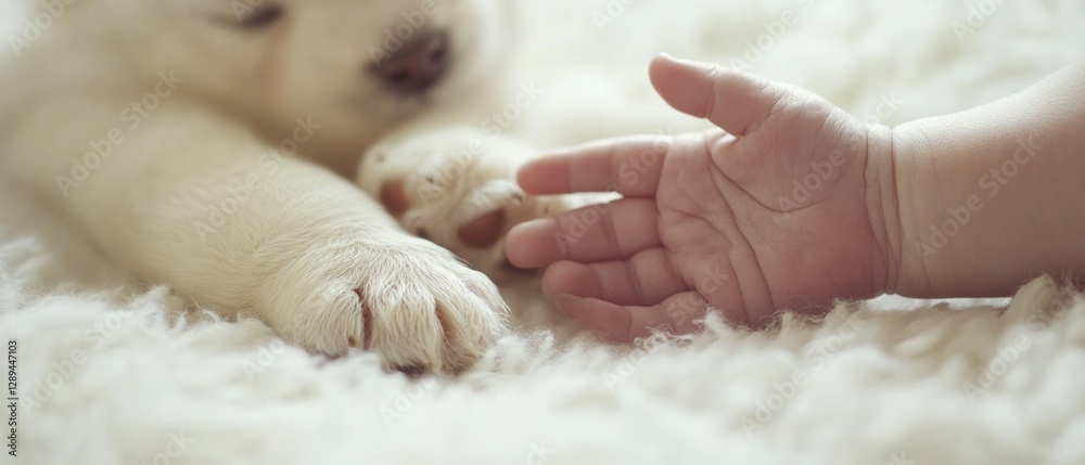 A tender moment where a puppy and a baby's hands meet on soft white fabric, symbolizing love and a new bond forming. A tender moment where a puppy and a baby's hands meet on soft white fabric, symbolizing love and a new bond forming.