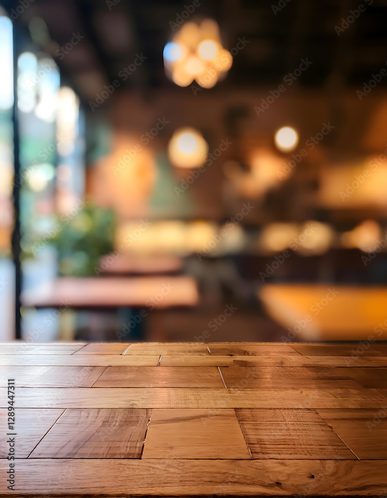 Wooden table in a blurred cafe interior with warm lighting and bokeh Wooden table in a blurred cafe interior with warm lighting and bokeh
