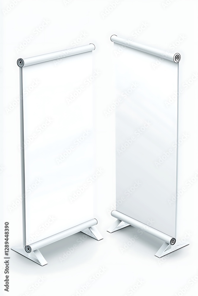 A realistic mockup a white roll-up banner displayed from both front and back views, with a clear isometric perspective and an empty roller sign template for customization A realistic mockup a white roll-up banner displayed from both front and back views, with a clear isometric perspective and an empty roller sign template for customization
