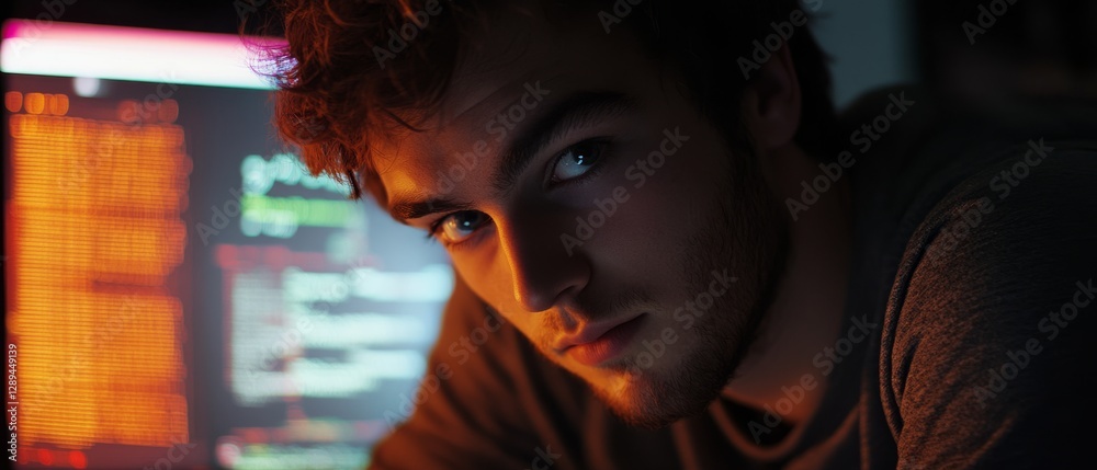 Obraz premium In low light, a programmer peeks from behind a vibrant code-filled screen, capturing a mix of curiosity and engagement.