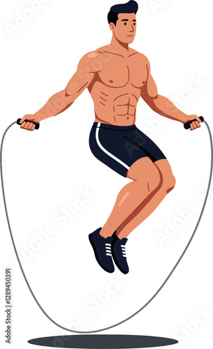 Athletic man skipping rope in a dynamic pose, showcasing fitness and energy in detailed vector illustration