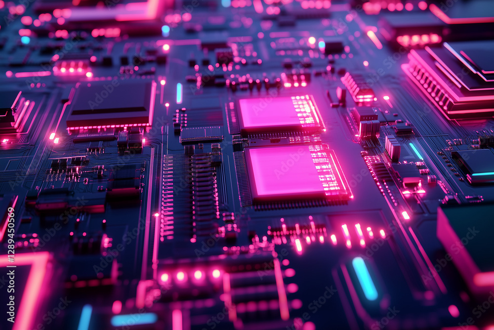 Fototapeta premium Glowing futuristic circuit board with neon elements