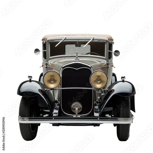 Vintage car with chrome details, black and grey body, and aerodynamic shape reflecting a classic design era
