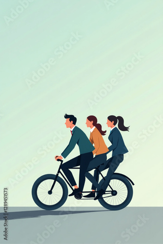 Business trio pedaling tandem bicycle, symbolizing leadership, coordination and shared effort in achieving goals