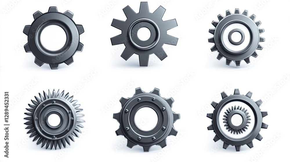 Set of metallic gears with various shapes and teeth designs arranged on white background Set of metallic gears with various shapes and teeth designs arranged on white background
