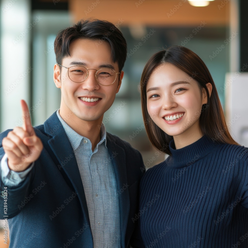 Asian man and woman pointing happily in professional workplace Asian man and woman pointing happily in professional workplace