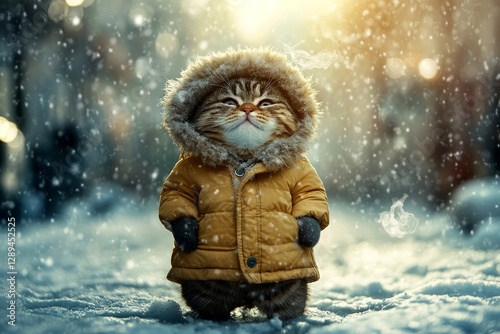 Happy cute adult cat persian in winter warm clothes, frosty breath from nose and mouth in cold atmosphere. Pet health. Sidesplitting pets. Kitten winter scarf. Kitten care guide. Cozy cat nes. photo