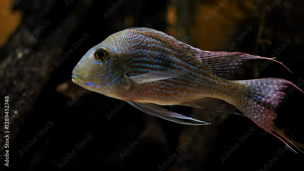 Gold saum swimming in dark aquarium water with blurred background Gold saum swimming in dark aquarium water with blurred background