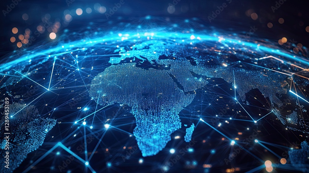 Digital globe with glowing blue network connections and illuminated continents on dark space background Digital globe with glowing blue network connections and illuminated continents on dark space background
