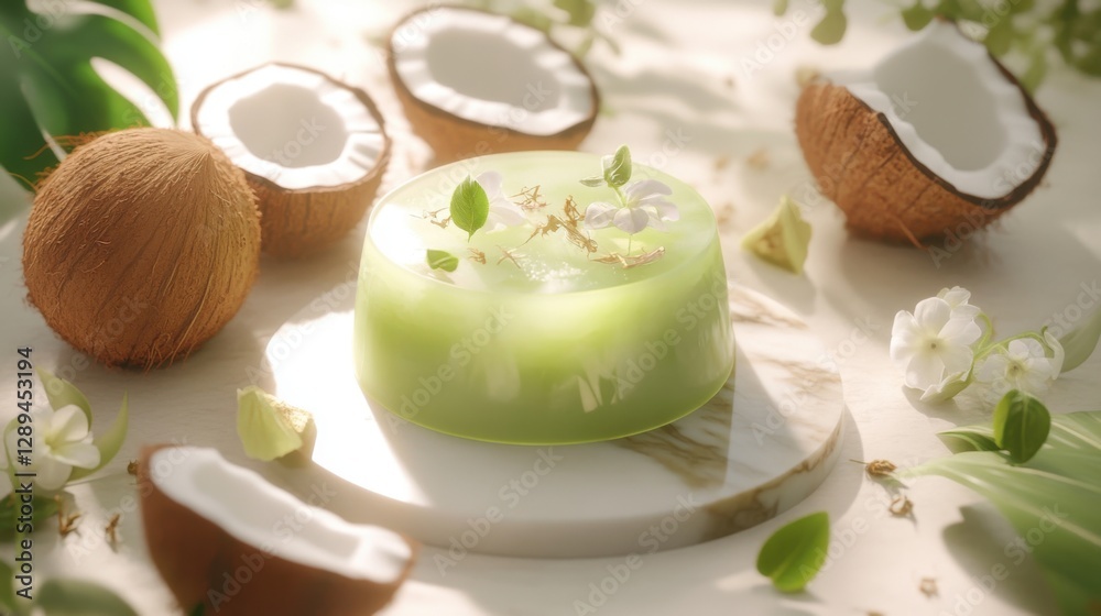 Vegan coconut pandan agar agar jelly cake with high-gloss finish, surrounded by tropical fresh coconut halves, pandan leaves, edible flowers. Vegan coconut pandan agar agar jelly cake with high-gloss finish, surrounded by tropical fresh coconut halves, pandan leaves, edible flowers.