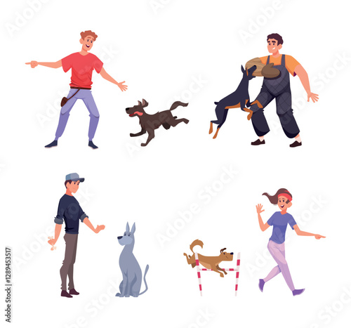 Dog training. Teaching smart domestic animals playing with puppies dogs exact vector flat people illustrations