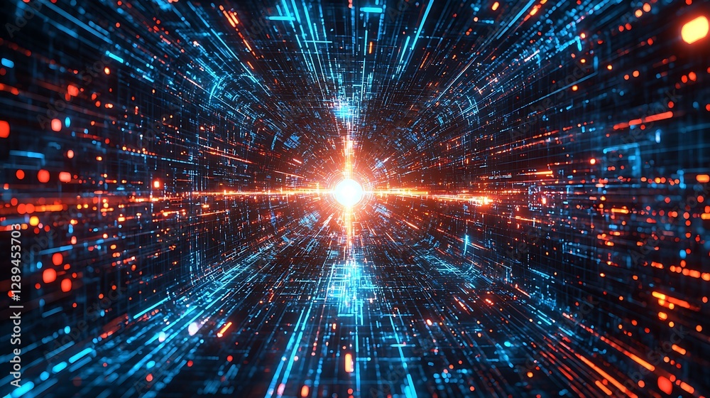 Naklejka premium Digital data tunnel effect with bright light at the end, abstract tech design in deep space