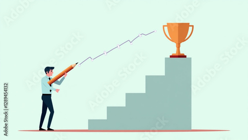 Businessman Drawing Rising Stairs with Pencil to Reach Trophy Cup