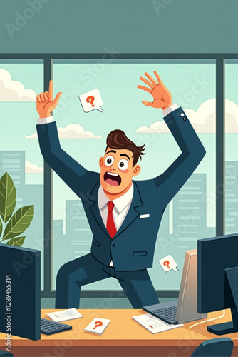 Businessman Escaping Annoying Notifications, Alerts and Pop-Ups, Overwhelmed by Digital Distractions in Office