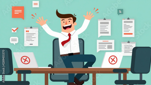 Businessman Escaping Annoying Notifications, Alerts and Pop-Ups, Overwhelmed by Digital Distractions in Office