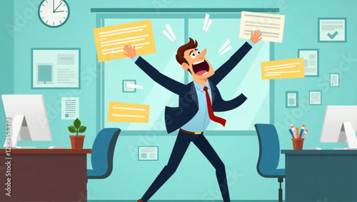 Businessman Escaping Annoying Notifications, Alerts and Pop-Ups, Overwhelmed by Digital Distractions in Office