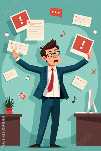 Businessman Escaping Annoying Notifications, Alerts and Pop-Ups, Overwhelmed by Digital Distractions in Office