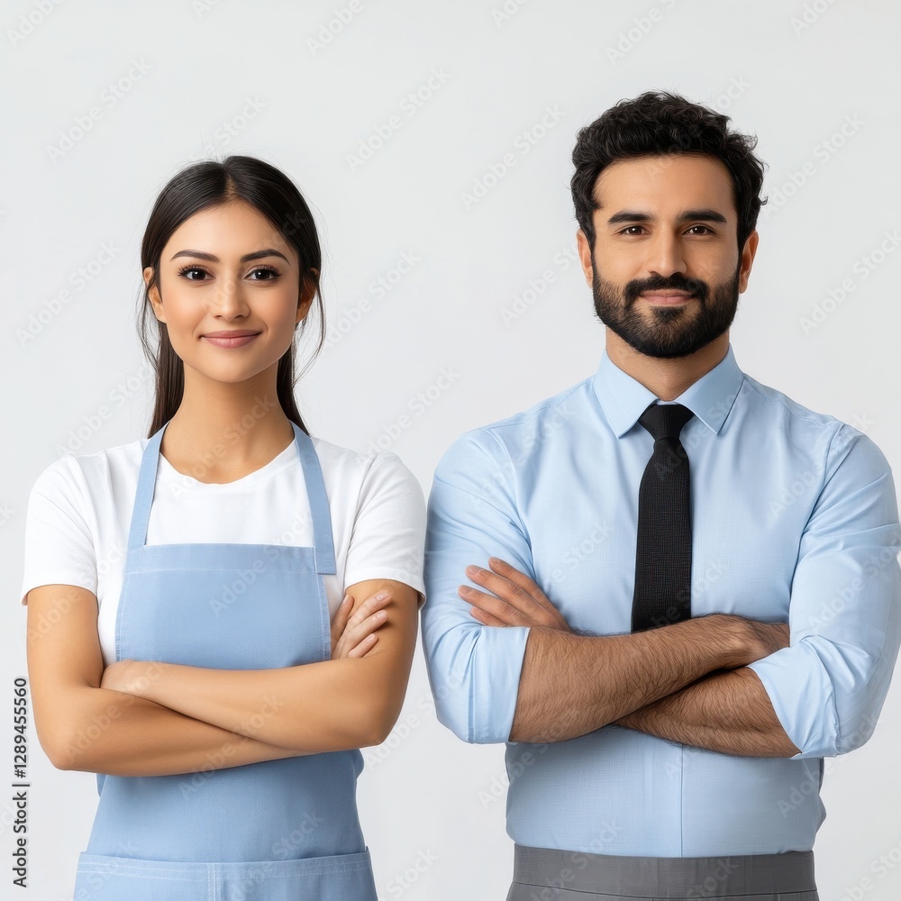 Professional South Asian couple in cleaning and management attire Professional South Asian couple in cleaning and management attire